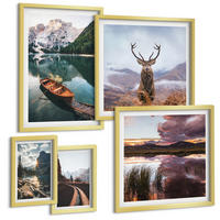 BILDER SET 5er Set - 50x50 cm & 20x30 cm & 40x60 cm Goldrahmen - Bergsee, Bootsfahrt, Sonnenuntergang, Hirsche - Goldfarben, Kunststoff (40/60cm) - TULUP