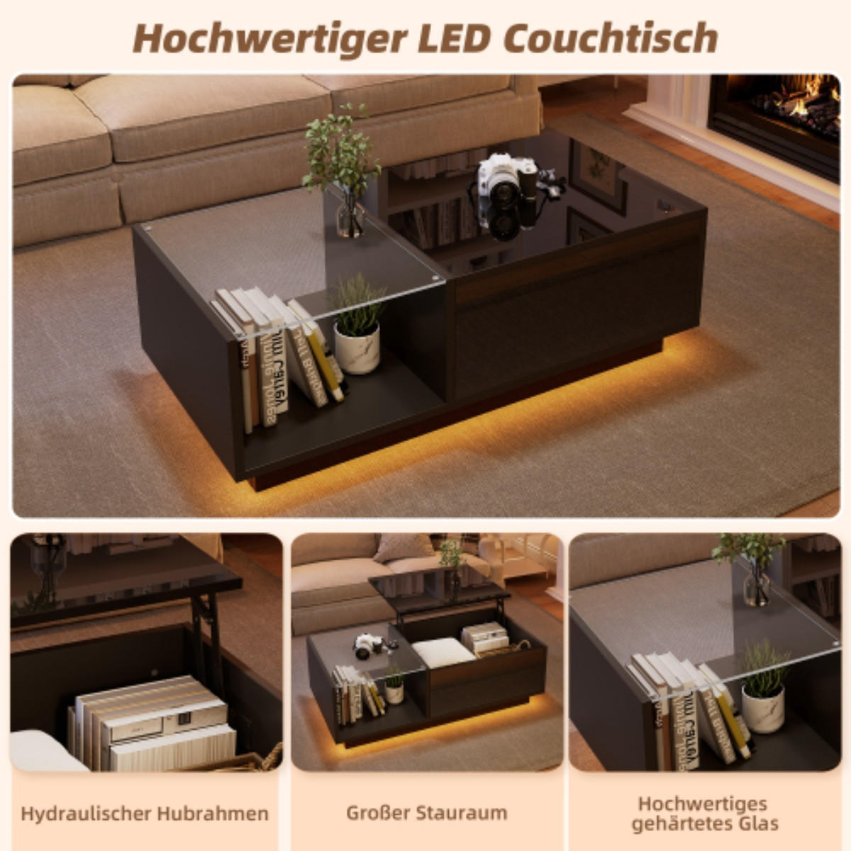 COUCHTISCH 100/50/(33-46,5) cm Schwarz mit Höhenverstellbar und LED-Beleuchtung - Schwarz, Holzwerkstoff (100/50/33cm) - OKWISH