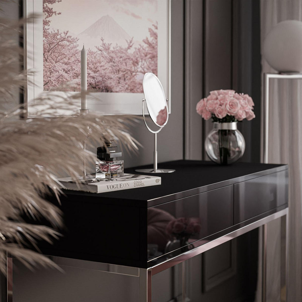 KONSOLE BLANCO GLAMOUR II auf verchromtem Gestell Schwarz Hochglanz PUSH OPEN - Schwarz Hochglanz/Silberfarben, Holzwerkstoff (42/100/81cm) - Lookway