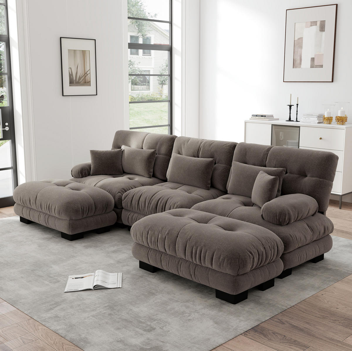SOFA modular mit Ottomane U- oder L-Form Chenille Braun - Dunkelgrau, Kunststoff (145/81/313cm) - Meubliv