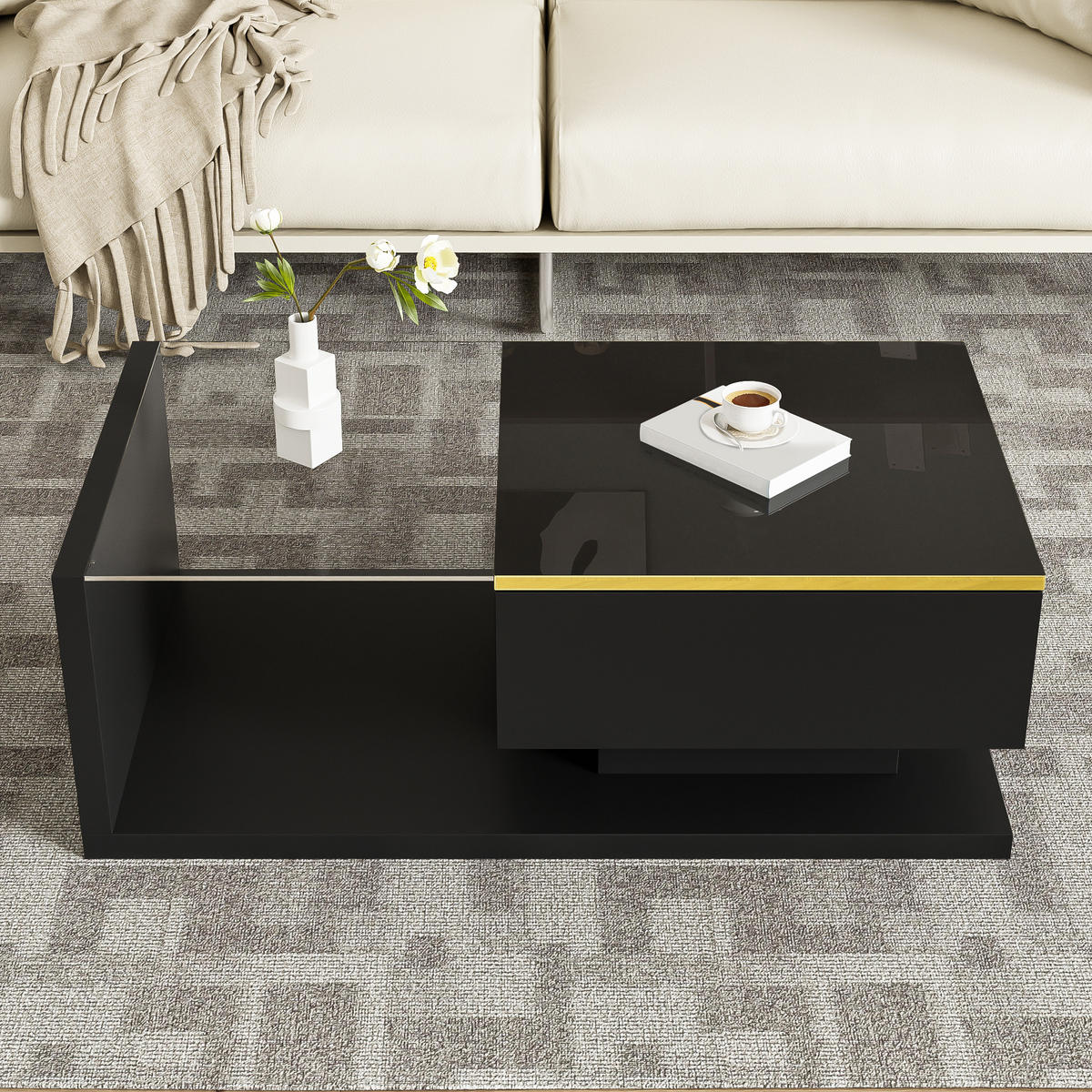 COUCHTISCH 90 cm Hochglanz LED schwarz - Schwarz, Holzwerkstoff (50/90/32.5cm) - LEBENLANG