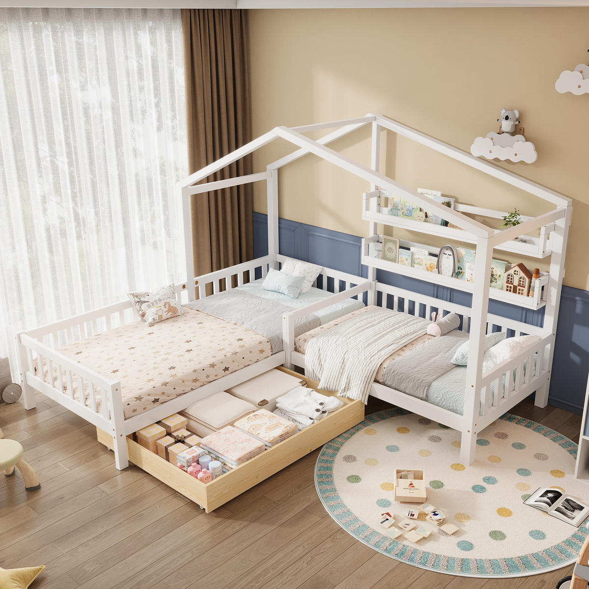 HAUSBETT 90/200+140/70 mit Schubladen und Regalen in Weiß - Weiß, Holzwerkstoff (90/200cm) - EVRYAE