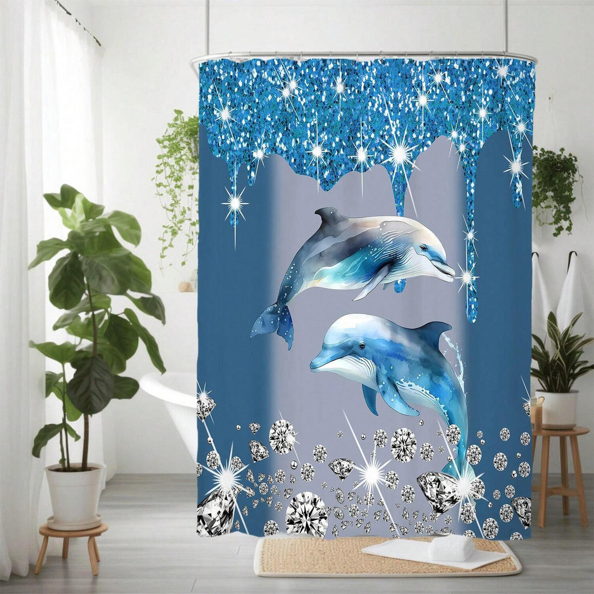 DUSCHVORHANG Blau Delfin Polyester bedruckt wasserdicht maschinenwaschbar mit Haken - Blau, Textil (180/180cm) - MCBOSON