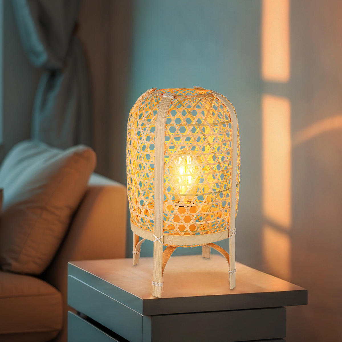 LED TISCHLEUCHTE Bambus Braun Geflecht - Braun, Holz (22/22/37cm) - Globo Lighting