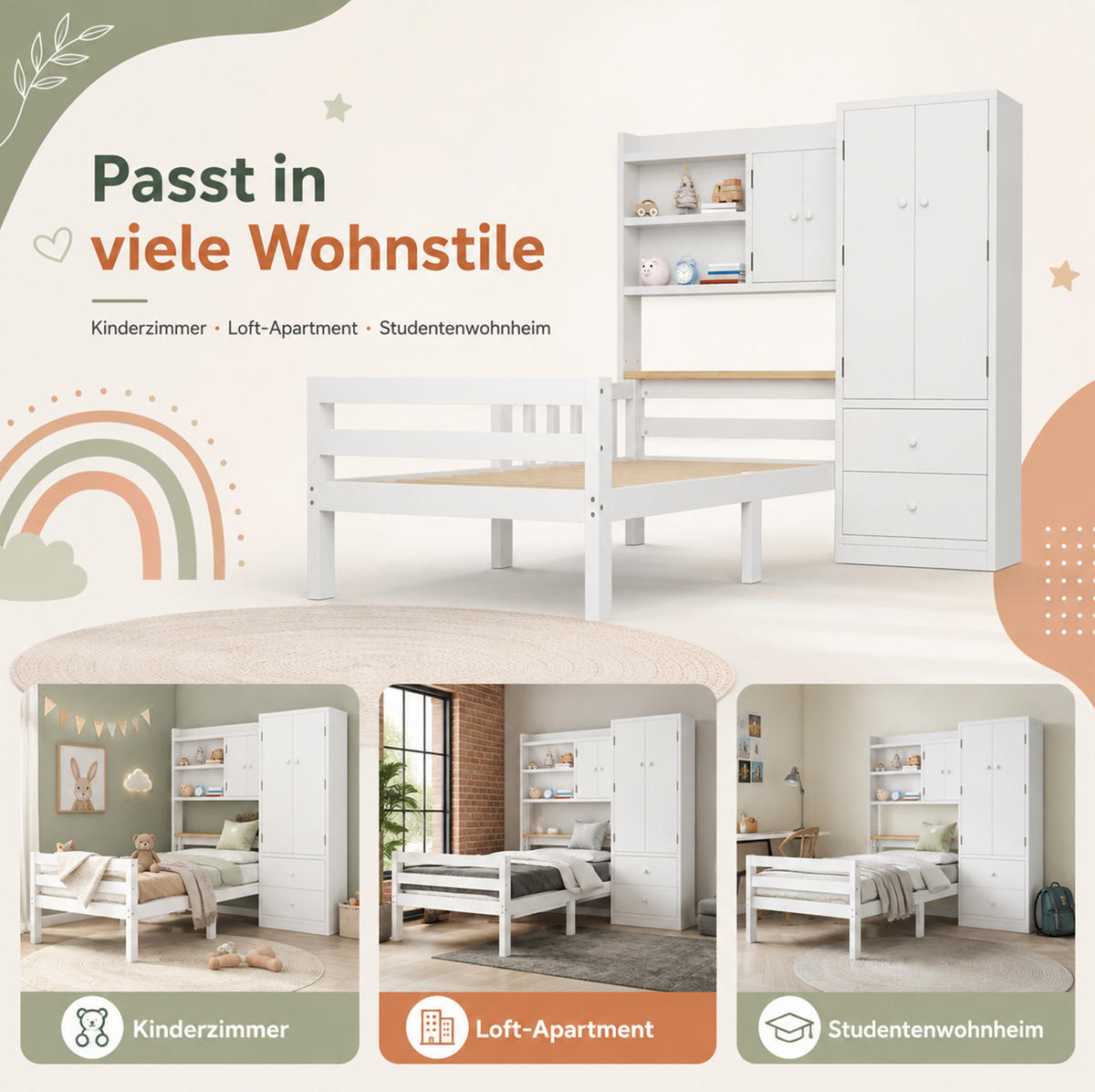 KINDERBETT aus Massivholz und MDF 90x200 cm Weiß mit Kleiderschrank, Schubladen und Regalfächern - Weiß, Holz (90/200cm) - Modfu