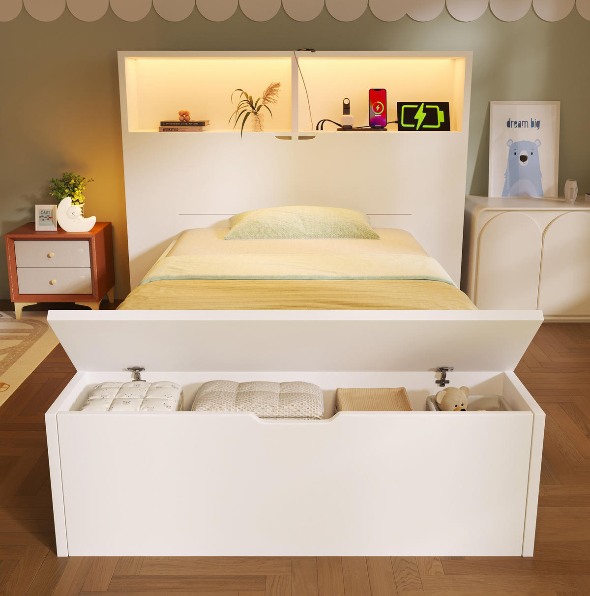 BETT 90x200 cm in Weiß mit LED & USB-C-Ladeanschlüssen - Weiß, Holzwerkstoff (90/200cm) - Modfu