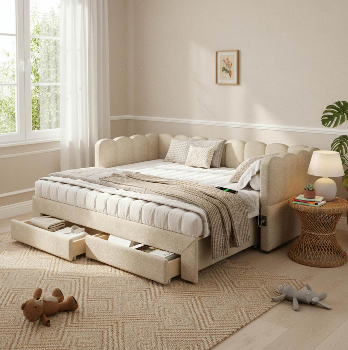 TAGESBETT 90/190 cm mit Ausziehfunktion auf 180/190 cm, 2 Schubladen, USB- und Typ-C-Anschluss, Chenille, Beige - Beige, Textil (90/190cm) - Redom