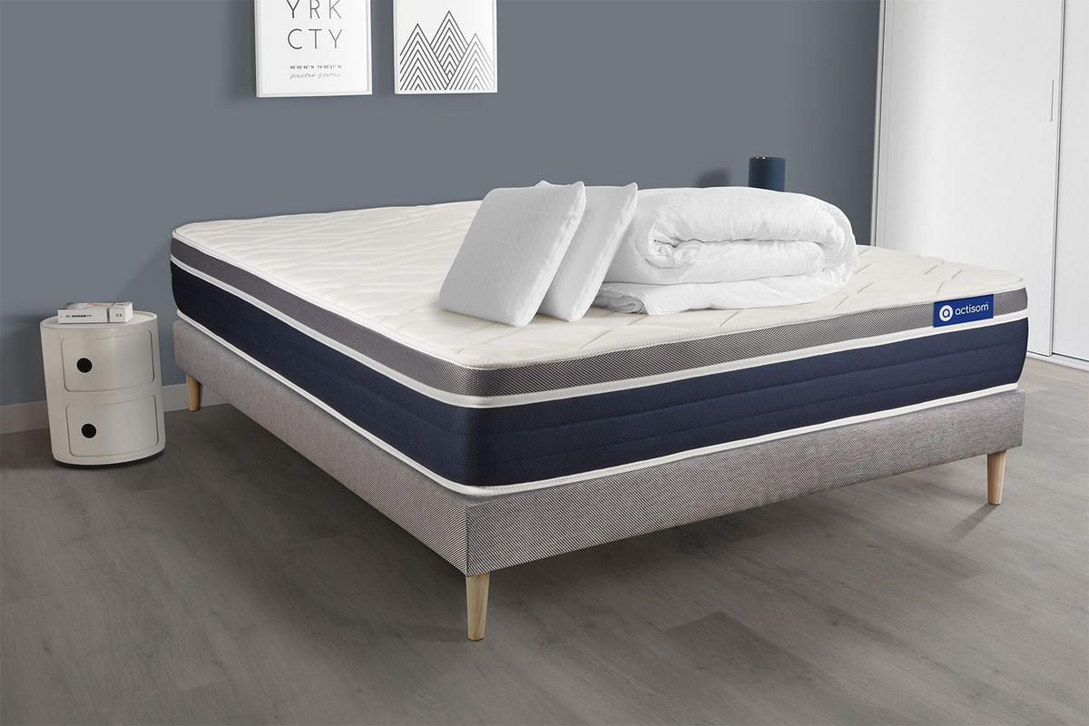 BETT Actiflex confort Taschenfederkern und Memory-Schaum 140 x 190 cm h2 - Kit Bettgestell Grau - Mit Kissen und Bettdecke - Beige/Grau, Holz/Textil (140/190cm) - ACTISOM