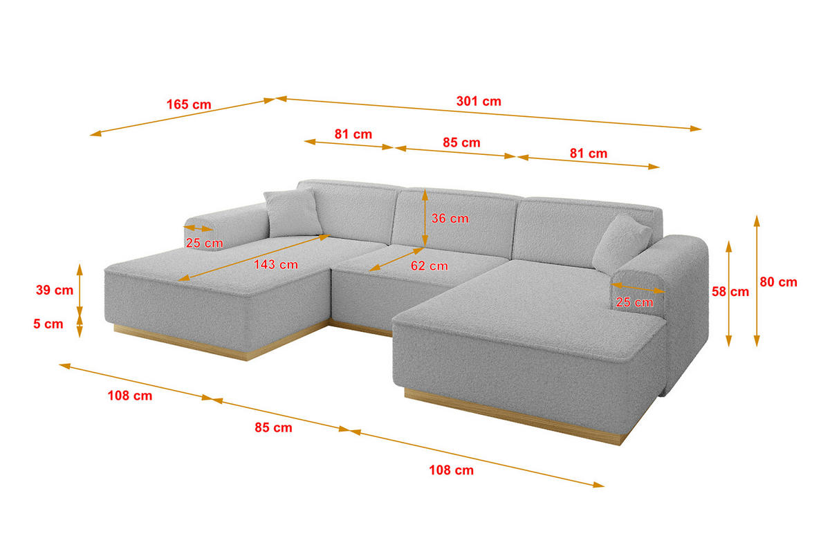 WOHNLANDSCHAFT IREA-U1-v2 - 301x165x80 cm Hellgrau - Hellgrau, Holzwerkstoff/Textil (301/80/165cm) - ALTDECOR