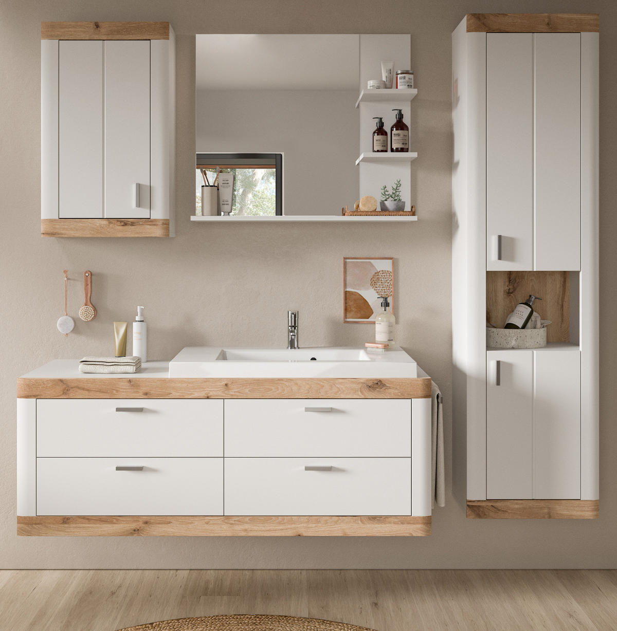 HOCHSCHRANK weiß, Eiche 45 cm, Badschrank mit Soft-Close - Eichefarben/Silberfarben, Holzwerkstoff/Kunststoff (45/172/30cm) - Inn.Furn