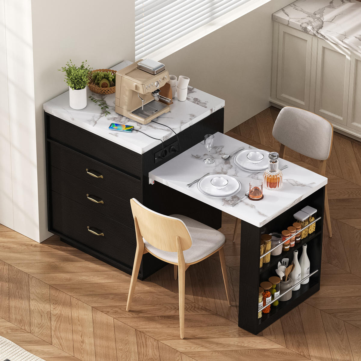 KÜCHENINSEL 125.5-187.5x71x93 cm Schwarz mit LED-Beleuchtung & Ladestation - Schwarz, Holzwerkstoff (187.5/93/71cm) - Modfu