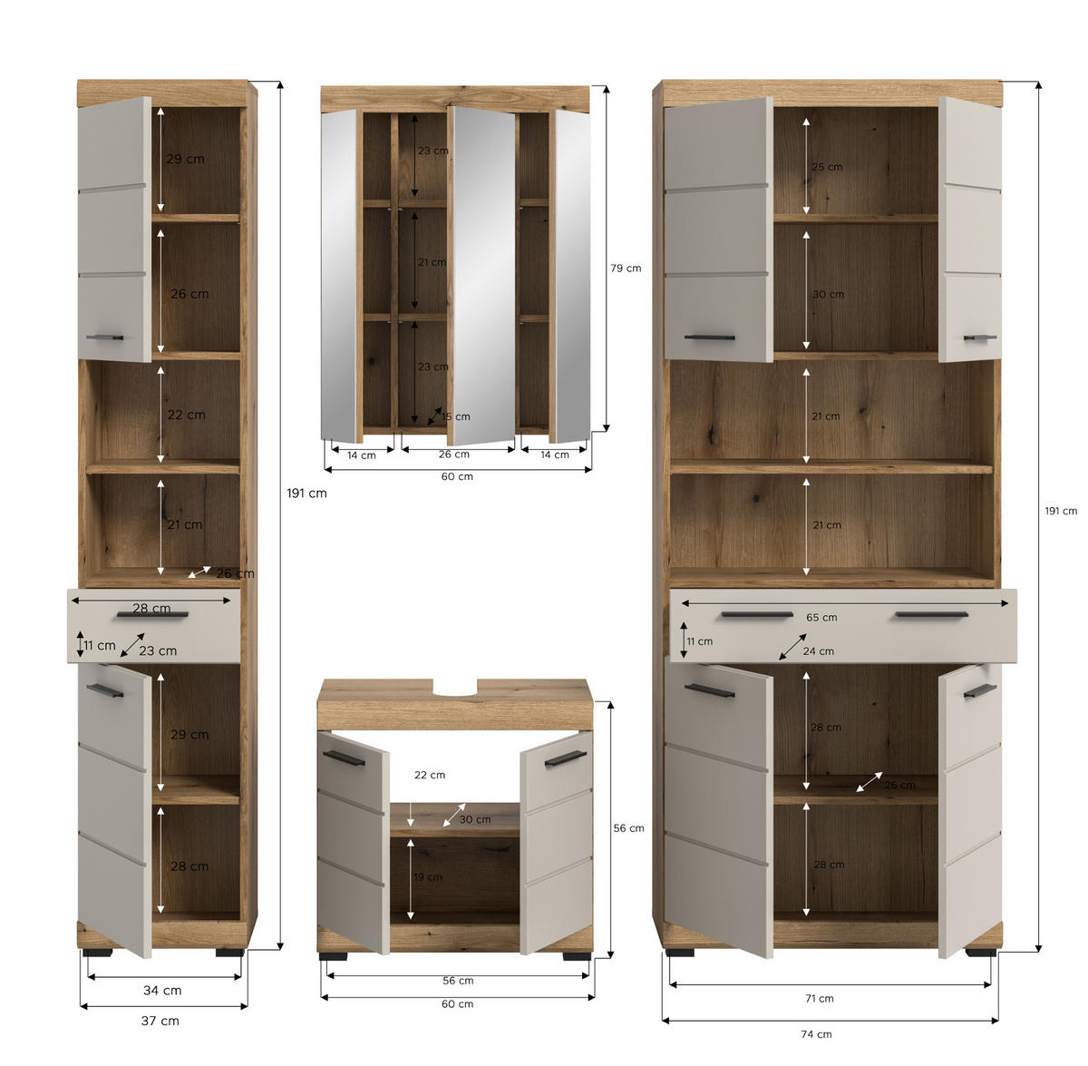 BADMÖBEL Set 4-teilig in Sand Kashmir und Evoke Eiche Badkombination 200 x 191 cm Shawn - Kaschmir/Eichefarben, Glas/Holzwerkstoff (201/191/34cm) - Inn.Furn