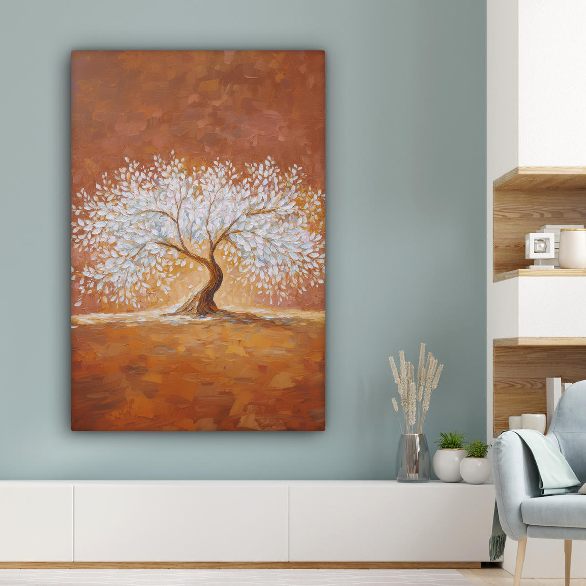 LEINWANDBILD Abstrakt - Baum - Weiß - Blätter Deko Groß 90x140 cm - Braun, Textil (90/140cm) - MuchoWow