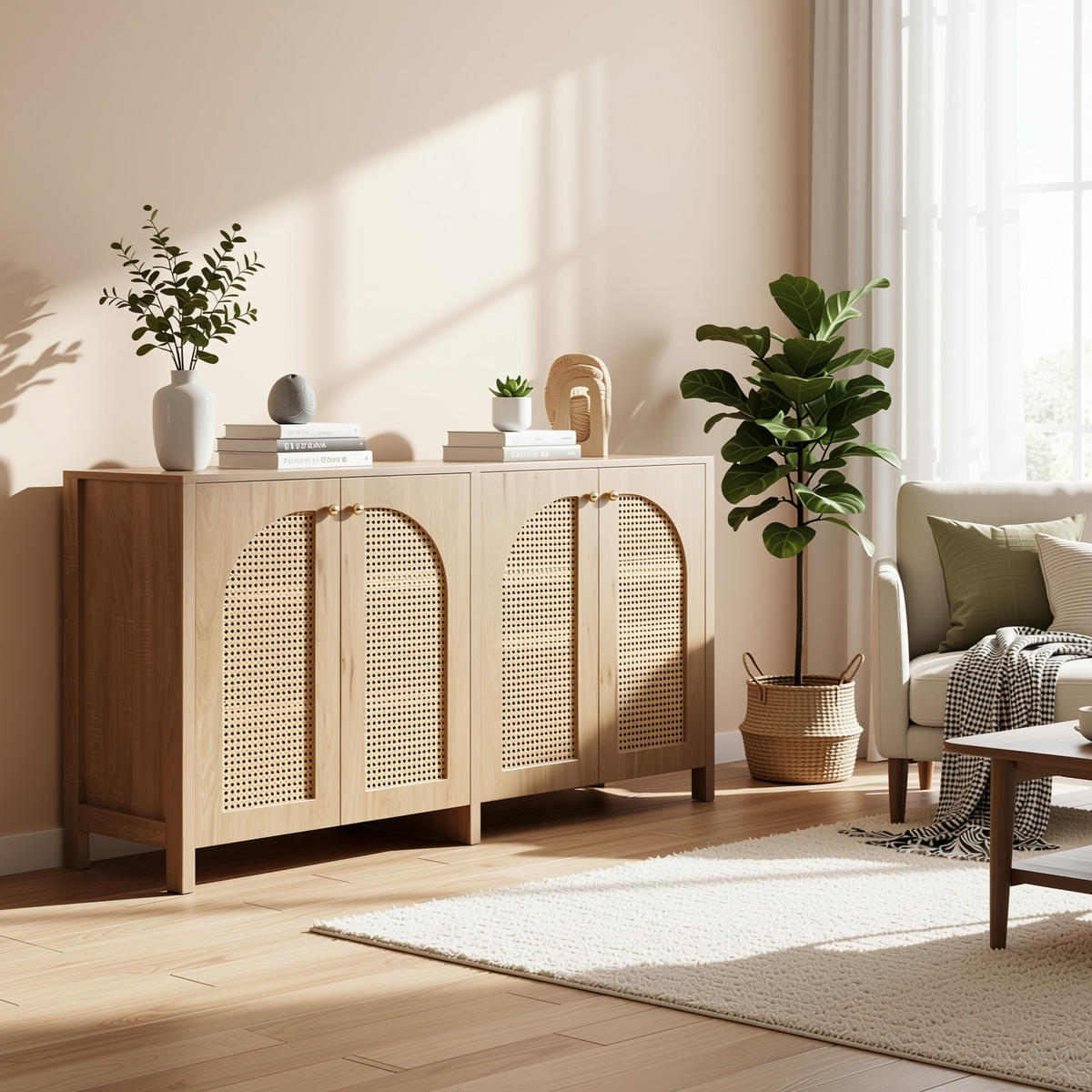 SIDEBOARD 145 cm in Natur Rattan-Optik & 4 Türen im Boho-Stil - Naturfarben, Holzwerkstoff (145/40/80cm) - Urban Meuble