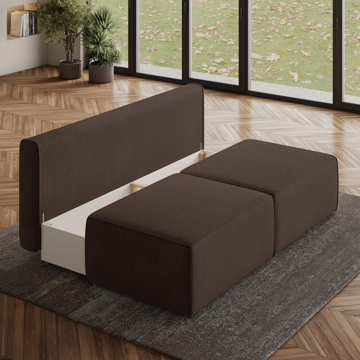 ECKSOFA VARNA P Braun Kordstoff mit Schlaffunktion - Braun, Holz (196/158cm) - MASSENO