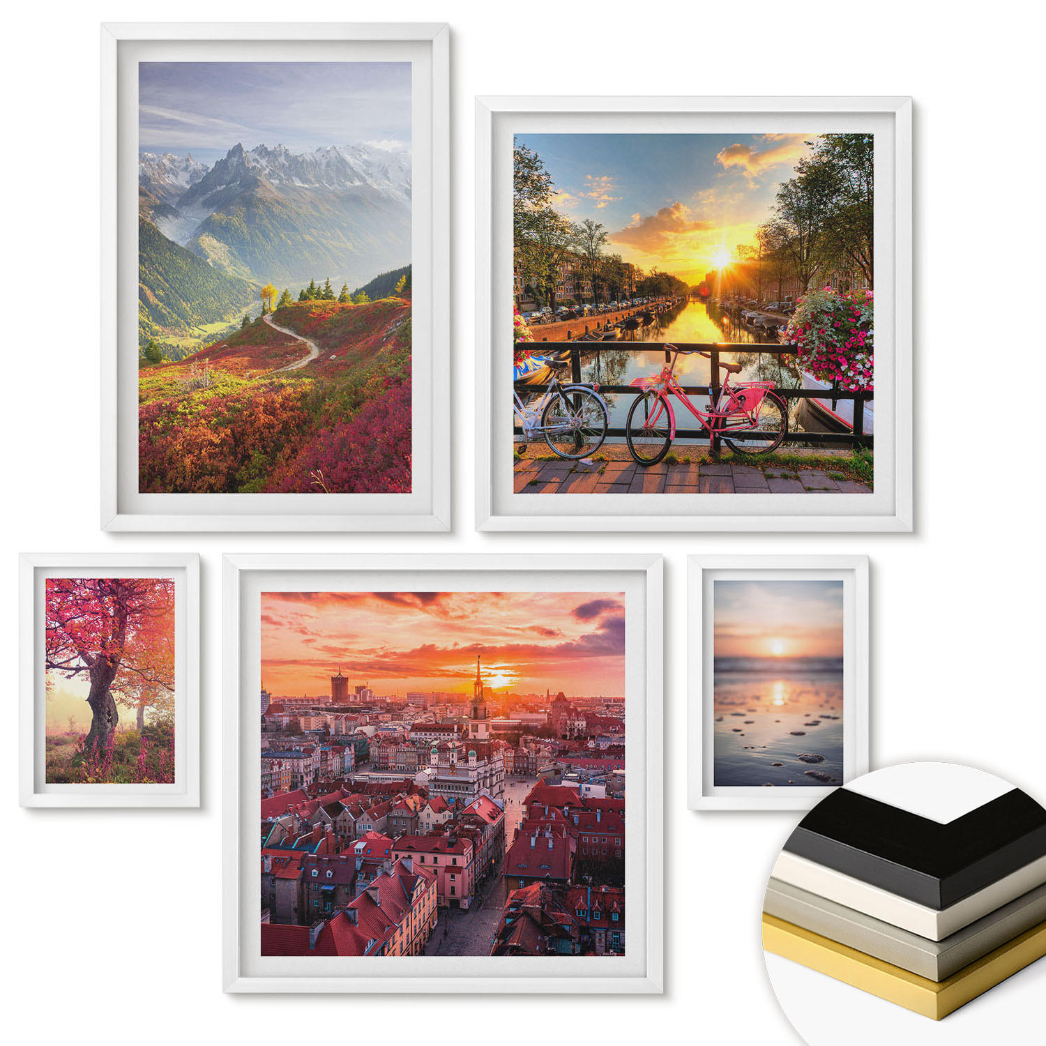WANDBILDER 5er-Set - 50x50 cm & 20x30 cm & 40x60 cm Weißer Rahmen - Einfache Zeichnungen von Stadtansichten - Weiß, Kunststoff (40/60cm) - ArtPrintCave