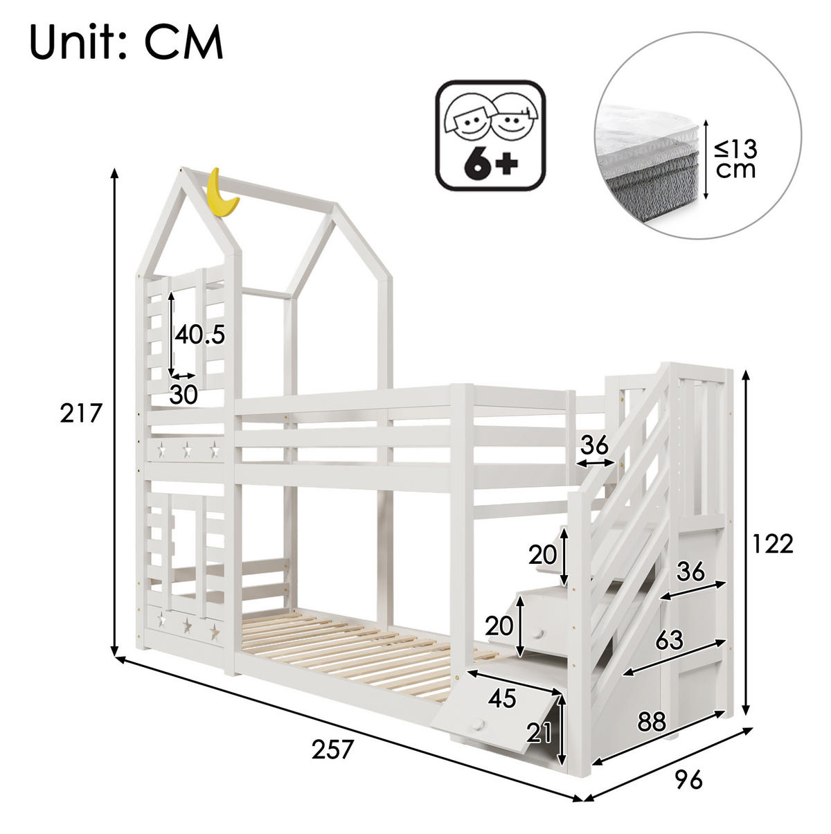 ETAGENBETT Baumhaus 90/200 cm Weiß mit Schubladen und Rausfallschutz - Weiß, Holzwerkstoff (90/200cm) - OKWISH