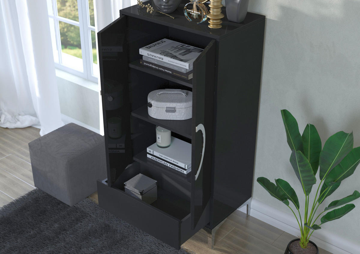 HIGHBOARD Eva, Schwarz, Silberne Akzente, Hochglanz - Schwarz Hochglanz/Silberfarben, Holzwerkstoff/Metall (60/120/38cm) - Kayani