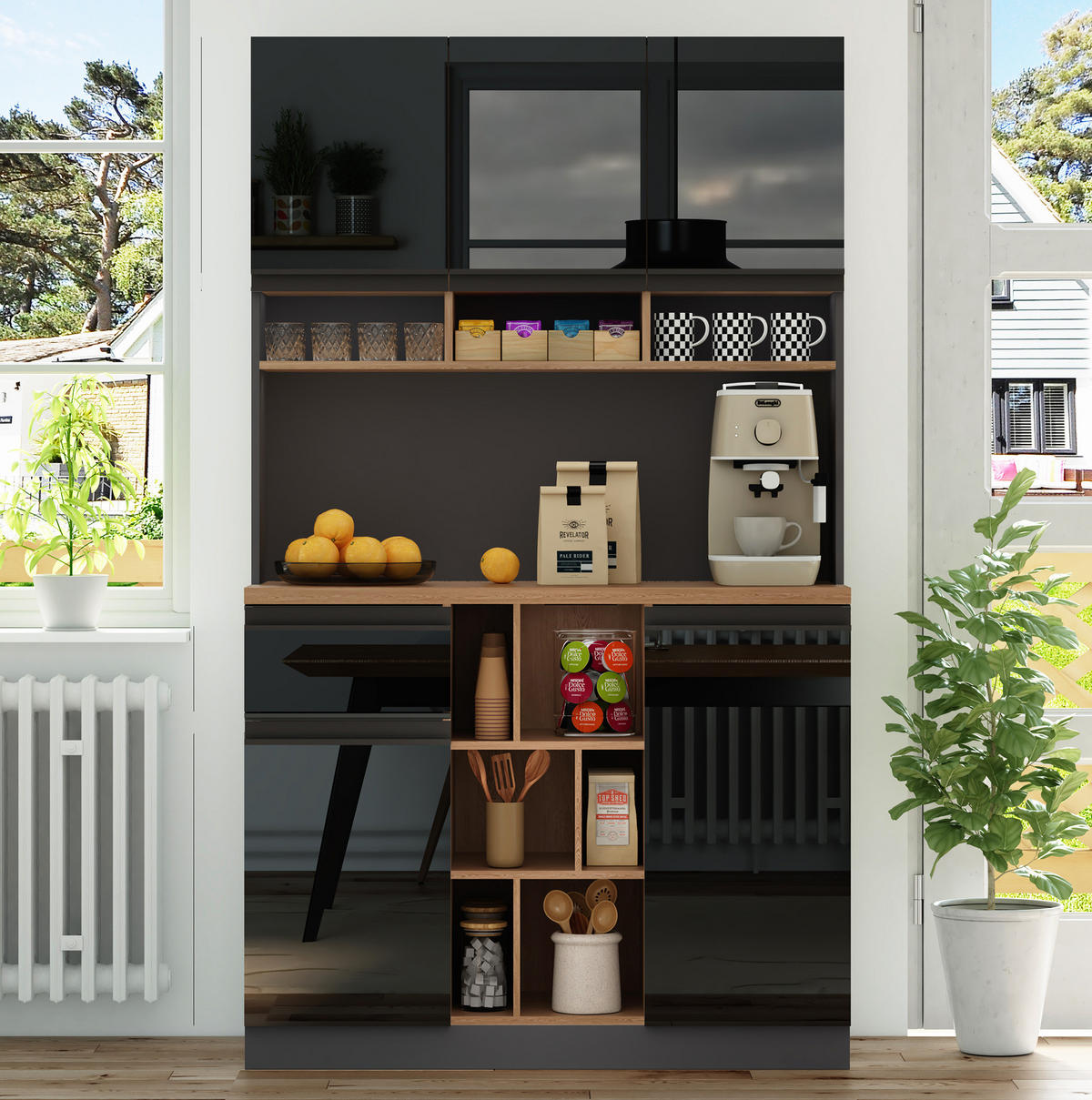 BUFFET 105/45/185 cm in Anthrazit/Schwarz mit Schublade und offenen Fächern - Schwarz, Holzwerkstoff (105/185/45cm) - Flora Grace
