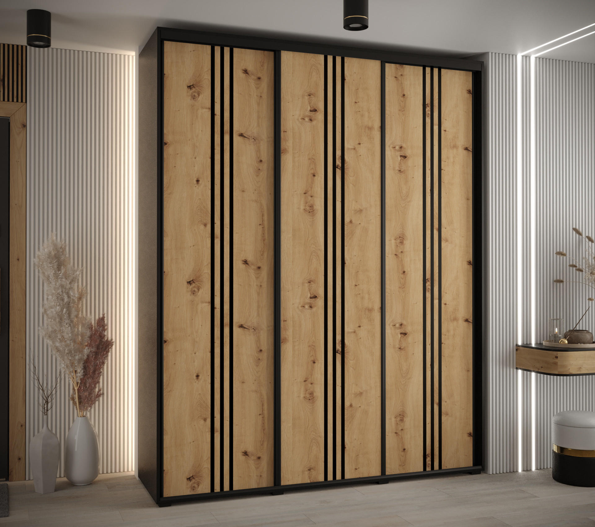 SCHWEBETÜRENSCHRANK 235,2/190/60 3-türig - Schwarz/Eiche Artisan, Holz/Metall (190/235/60cm) - Abiks Möbel