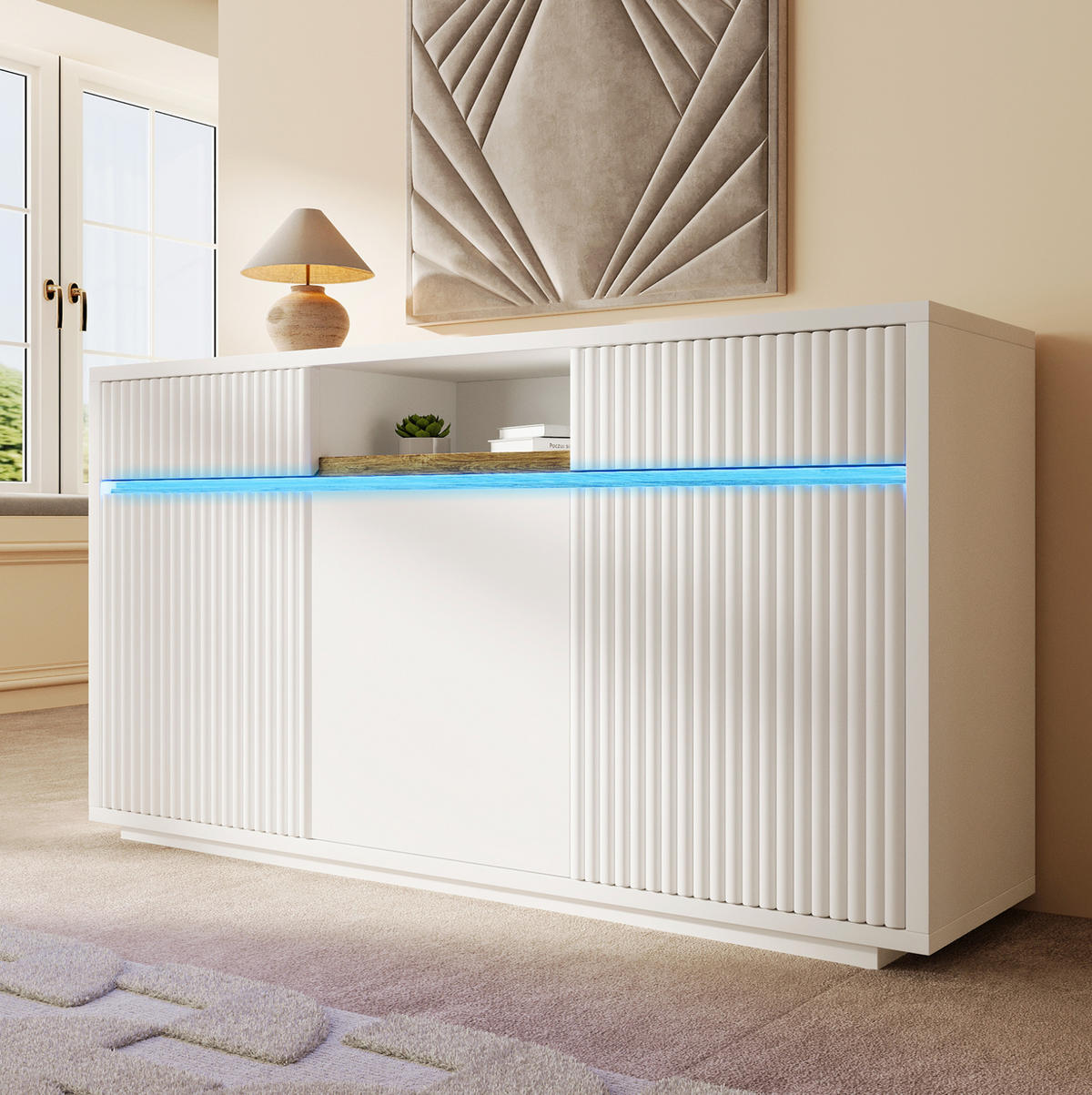 SIDEBOARD 140/40/85 cm weiß aus Holz mit LED, 2 Schubladen und 3 Türen - Weiß, Holzwerkstoff (140/85/40cm) - OKWISH