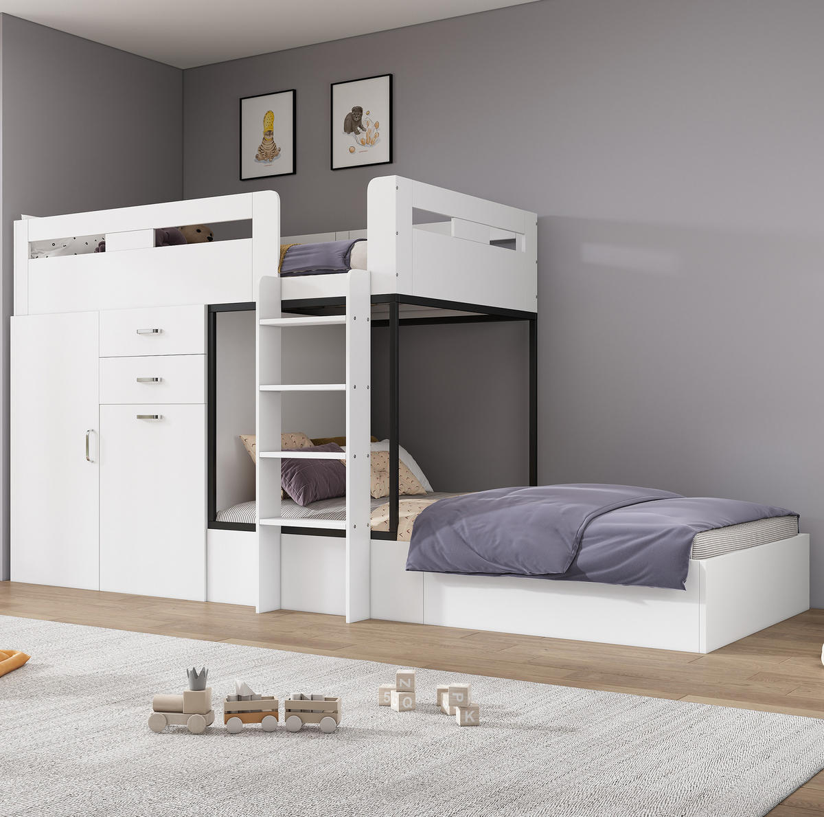 ETAGENBETT 90/200 cm mit ausziehbarem Schreibtisch, Garderobe, Schubladen und Regalen aus MDF, Weiß, Schwarz - Weiß, Holzwerkstoff (90/200cm) - Redom