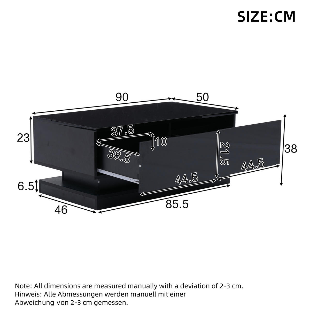 COUCHTISCH 90/50/38 cm mit 2 Schubladen, LED-Beleuchtung per App und Hochglanzfront, Schwarz - Schwarz, Holzwerkstoff (90/50/38cm) - Redom
