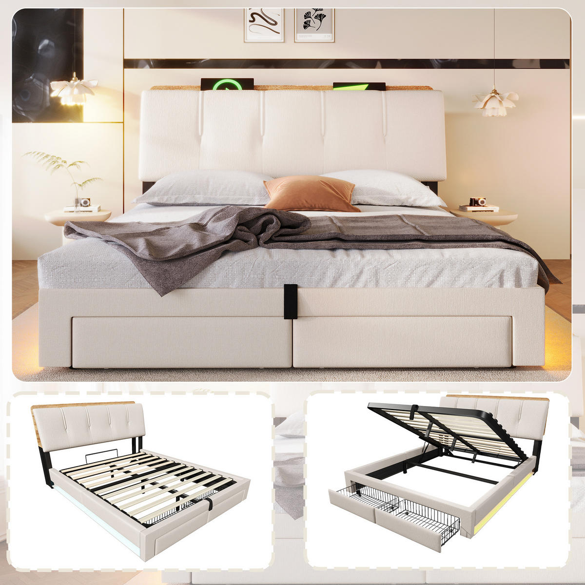POLSTERBETT 140/200 cm aus Leinen und MDF mit LED-Beleuchtung USB Typ-C und Stauraum Beige - Beige, Textil (140/200cm) - Modenvie