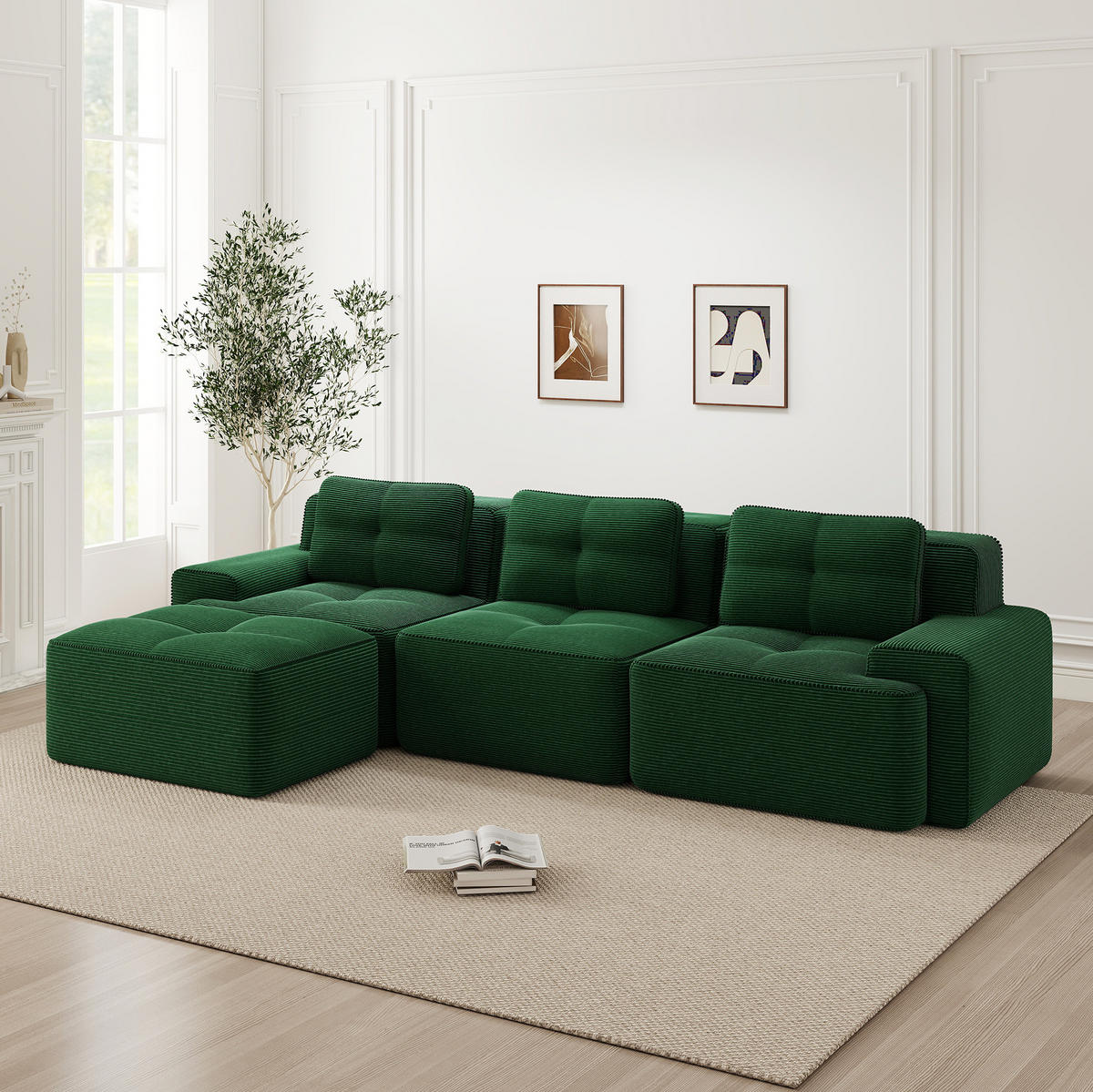 ECKSOFA 293/177/69 cm grün aus Cord mit Tiefsitz, ottomanenfähig und montagefrei - Grün, Textil (177/293cm) - OKWISH