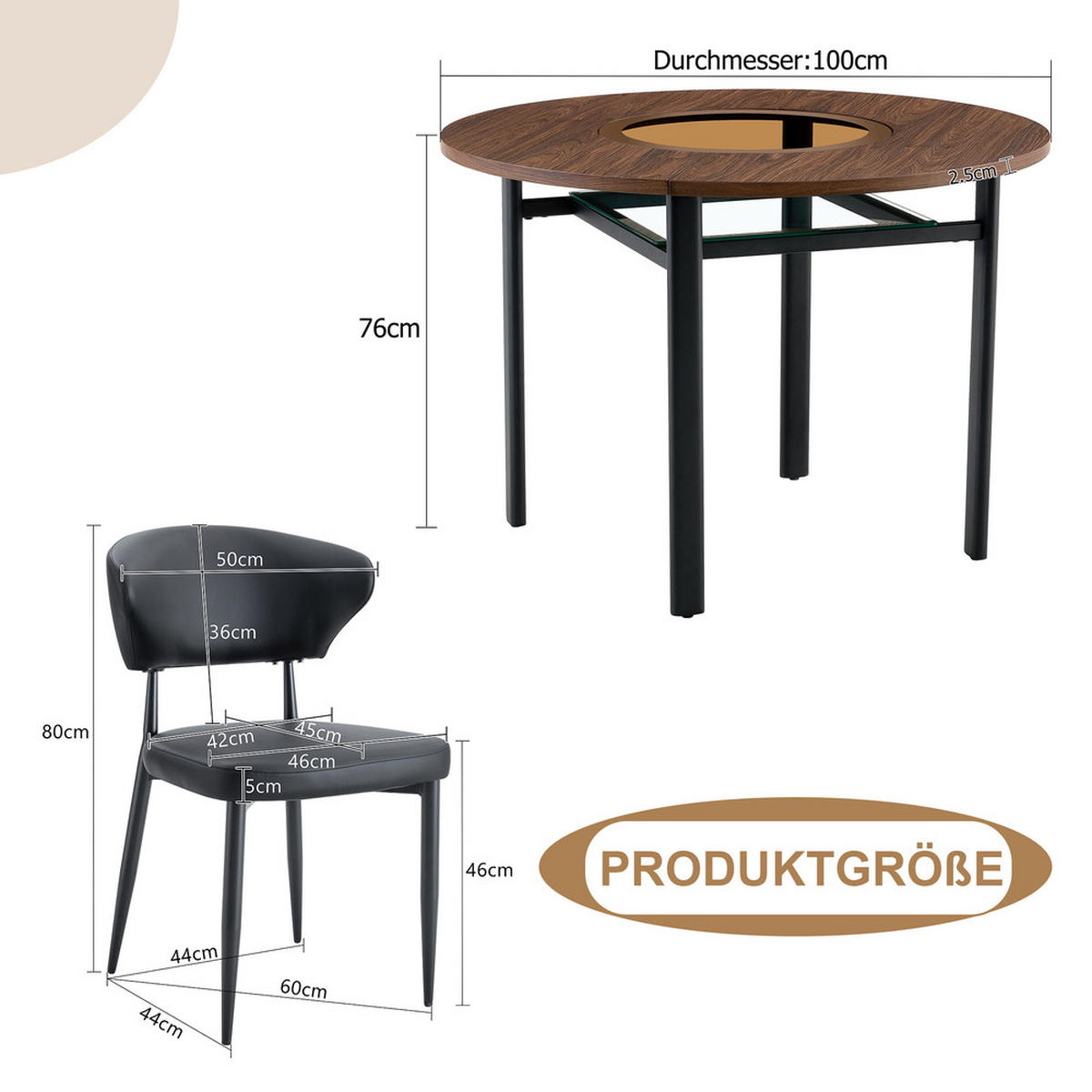 TISCHGRUPPE 3-tlg 100cm Holzoptik mit 2 schwarzen PU-Leder Sesseln - Schwarz/Braun, Holzwerkstoff/Metall (63/22/113.5cm) - Raelunyi