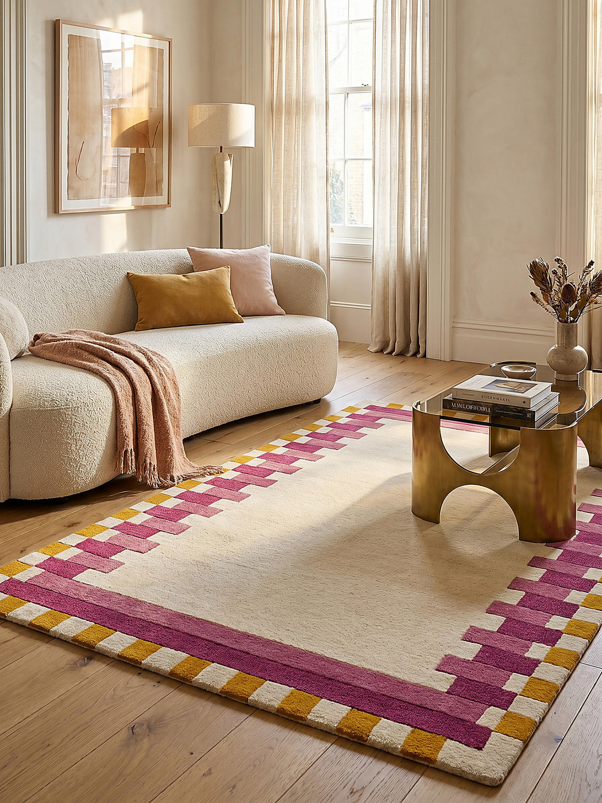 WOLLTEPPICH Geometrisches Muster, Rahmen, Wohnzimmer schmutzabweisend Rosa-Gelb Rechteckig 160x230 - Rosa, Textil (160/230cm) - KADIMA DESIGN