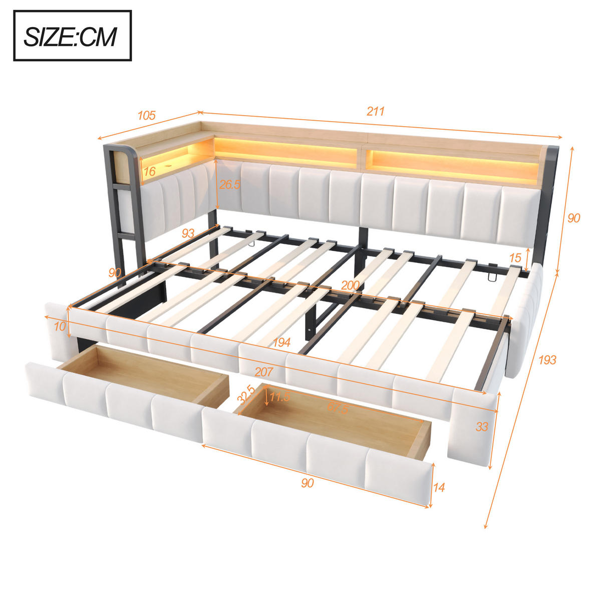 AUSZIEHBETT 90/180/200 cm DE-32703 mit Stauraum und LED Beige - Beige, Metall (90/200cm) - ComfortXL