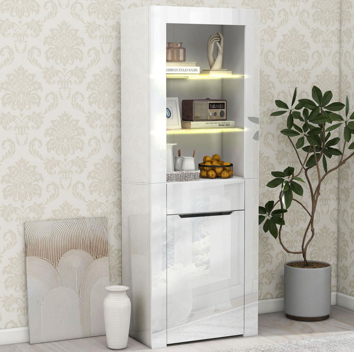 VITRINE 60/35,5/165 cm in Weiß Hochglanz mit LED-Beleuchtung - Weiß, Holzwerkstoff (60/165/35.5cm) - Flora Grace