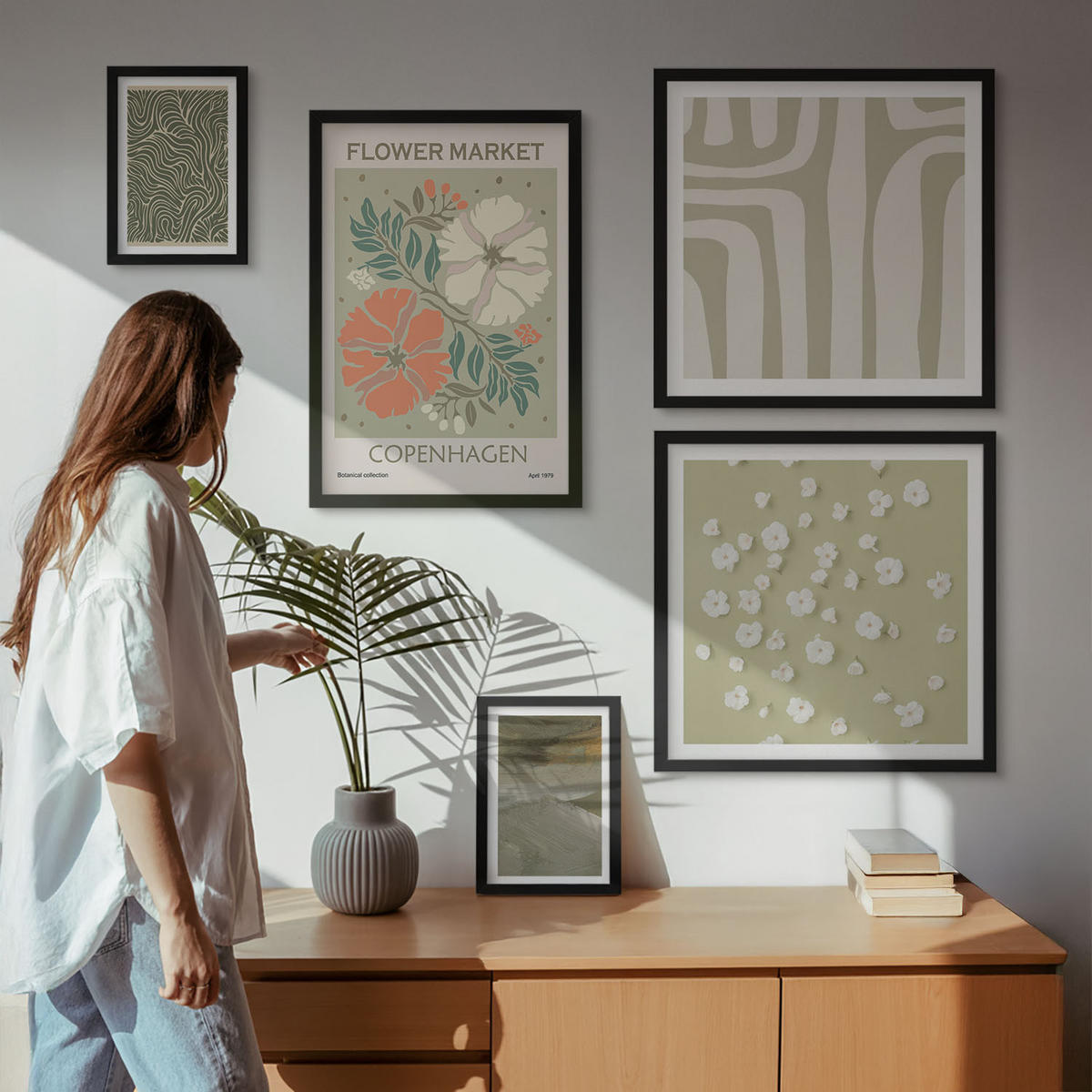 BILDER SET 5er Set - 50x50 cm & 20x30 cm & 40x60 cm Schwarzer Rahmen - Abstrakte Boho-Muster - Schwarz, Kunststoff (40/60cm) - TULUP