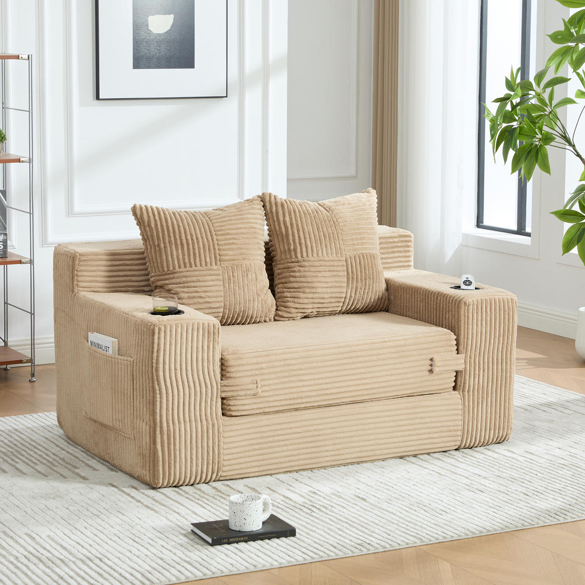 SCHLAFSOFA 2-in-1 mit Hocker, 2 Kissen und Becherhalter, DE-42913, Khaki - Sandfarben, Textil (133/64/87cm) - ComfortXL