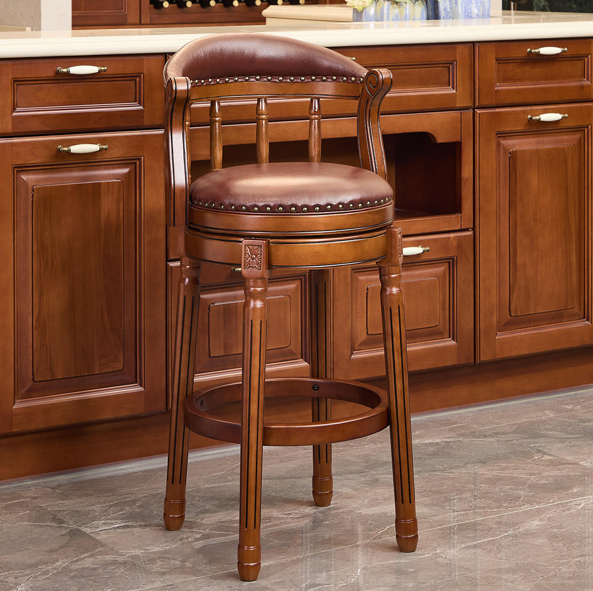 BARHOCKER drehbar mit Rückenlehne Sitzhöhe 75 cm Echtleder Braun Holz - Braun, Holz (54.8/96/54.81cm) - Meubliv