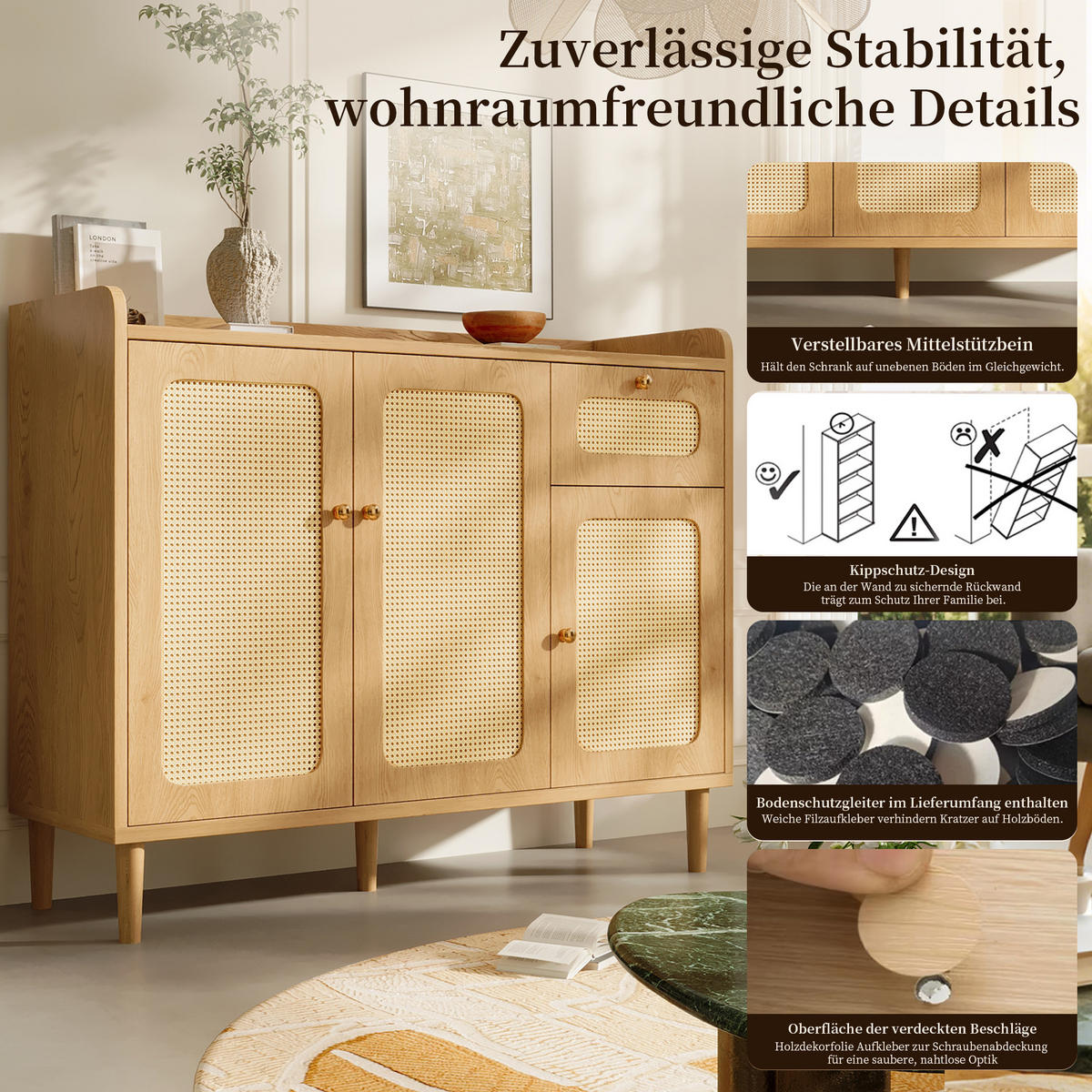SIDEBOARD 120x40x91 cm Eiche mit Rattan und 3 Türen - Eichefarben, Holz (120/91/40cm) - FLIEKS