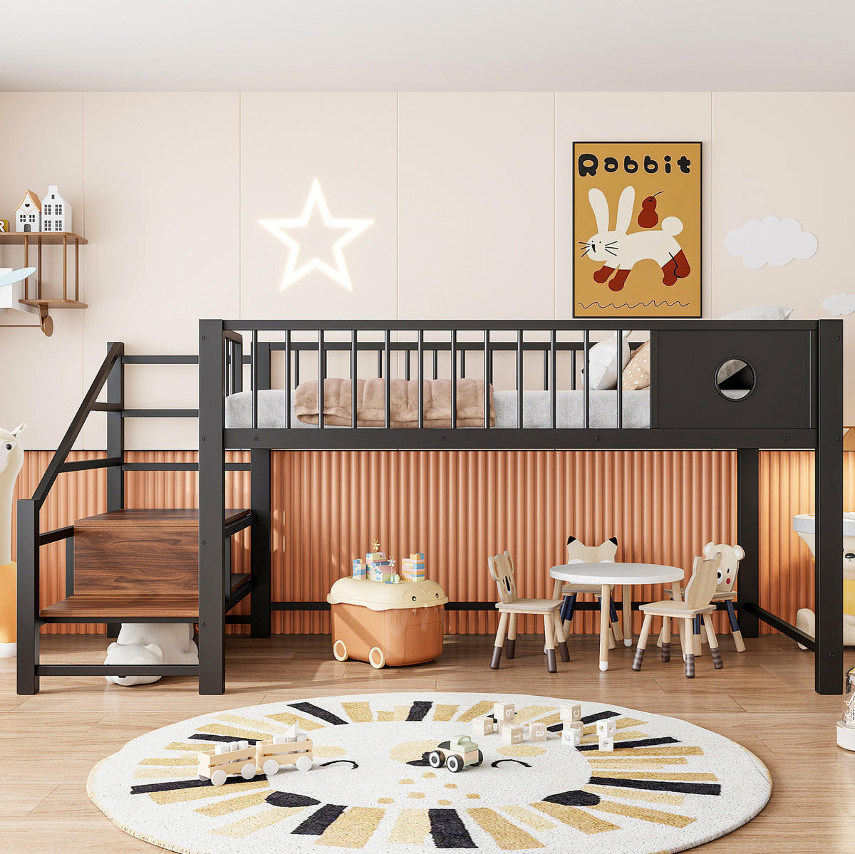 KINDERHOCHBETT 90/200 cm Schwarz aus Metall mit Stauraumleiter ohne Matratze - Schwarz, Metall (90/200cm) - MIVRAY