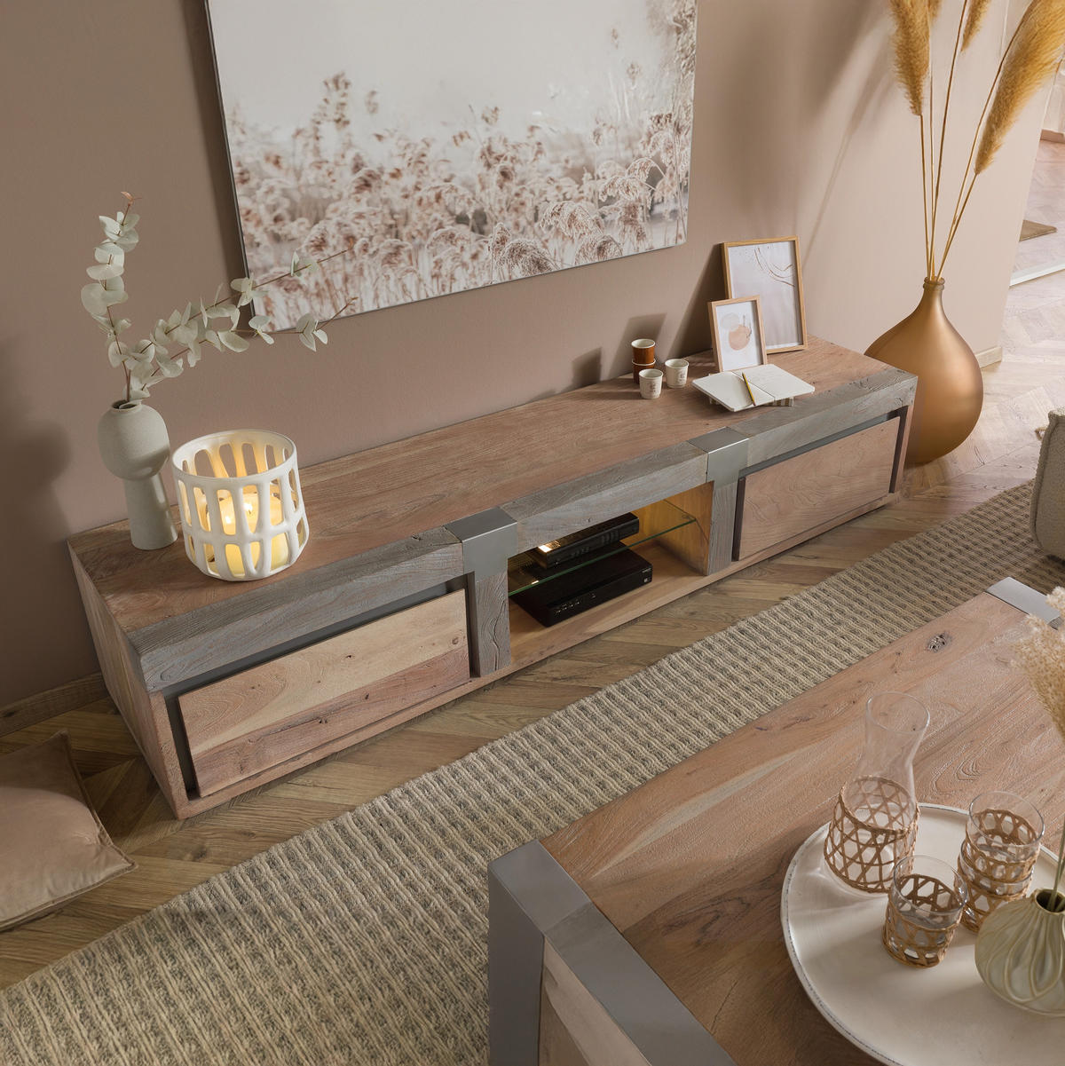TV-BOARD Akazie 205x48x39 beige lackiert Amsterdam #102 - Beige, Holz (205/39/48cm) - Massivmoebel24