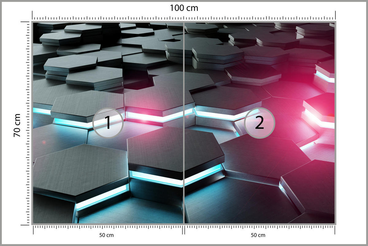 FOTOTAPETE für Büro Schwarz Hexagone Neon Rosa Blau Formen Geometrie 100x70 - Blau/Schwarz, Papier (100/70cm) - Muralo