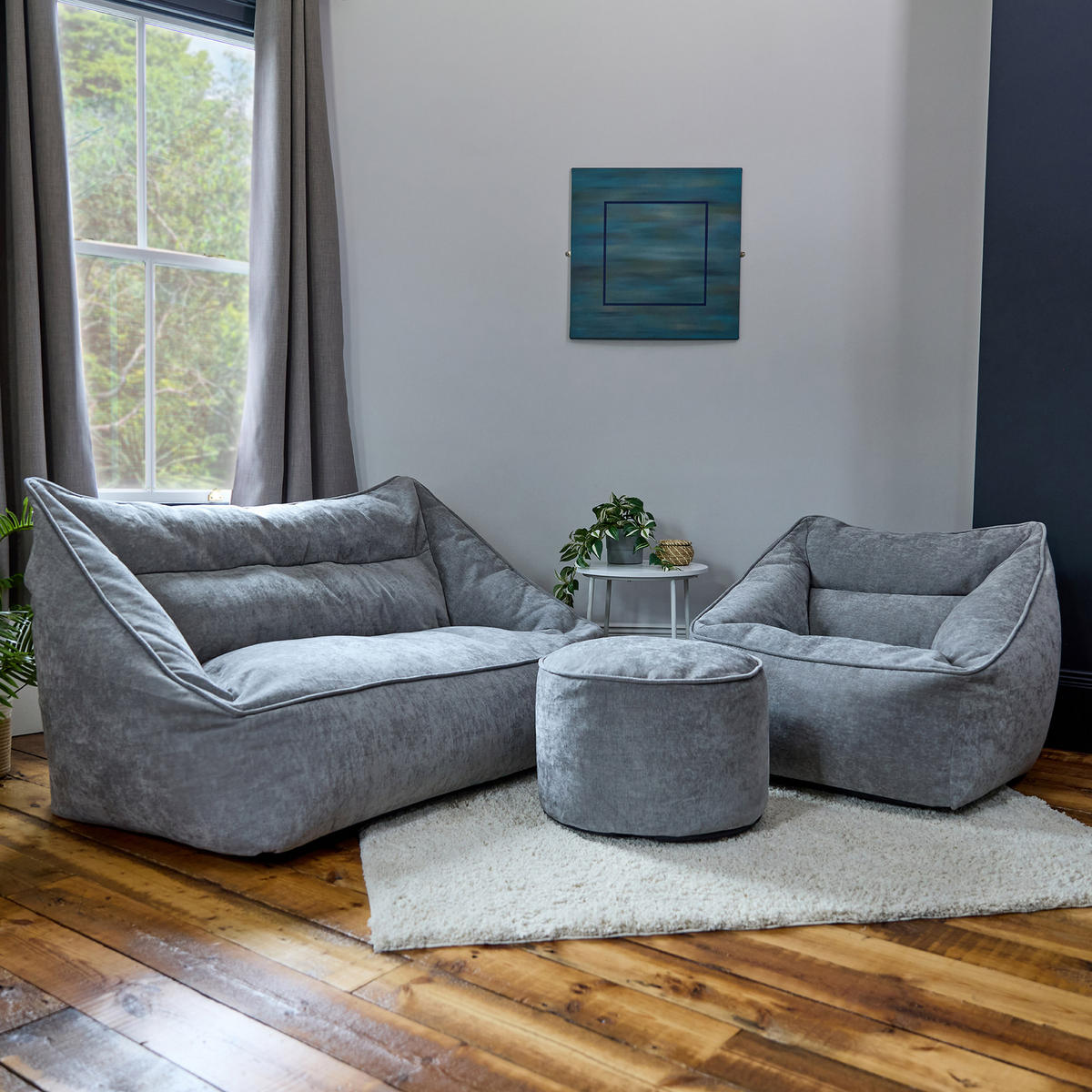 SITZSACK-SET 3 tlg, Sofa Chenille Cecilia, Sitzsack Sessel mit Hocker - Grau, Kunststoff/Textil (160/70/93cm) - icon