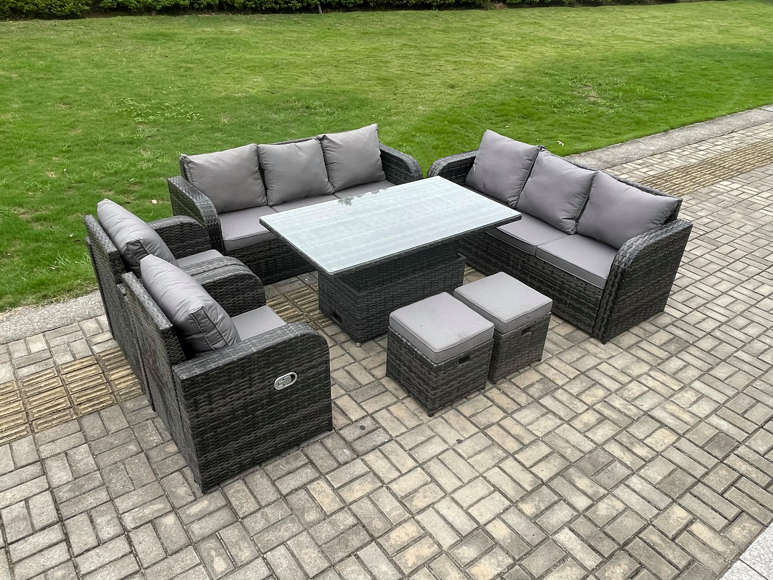 SITZGRUPPE GARTENSET Polyrattan Outdoor 10-Sitzer - Dunkelgrau/Grau, Glas/Kunststoff - Fimous