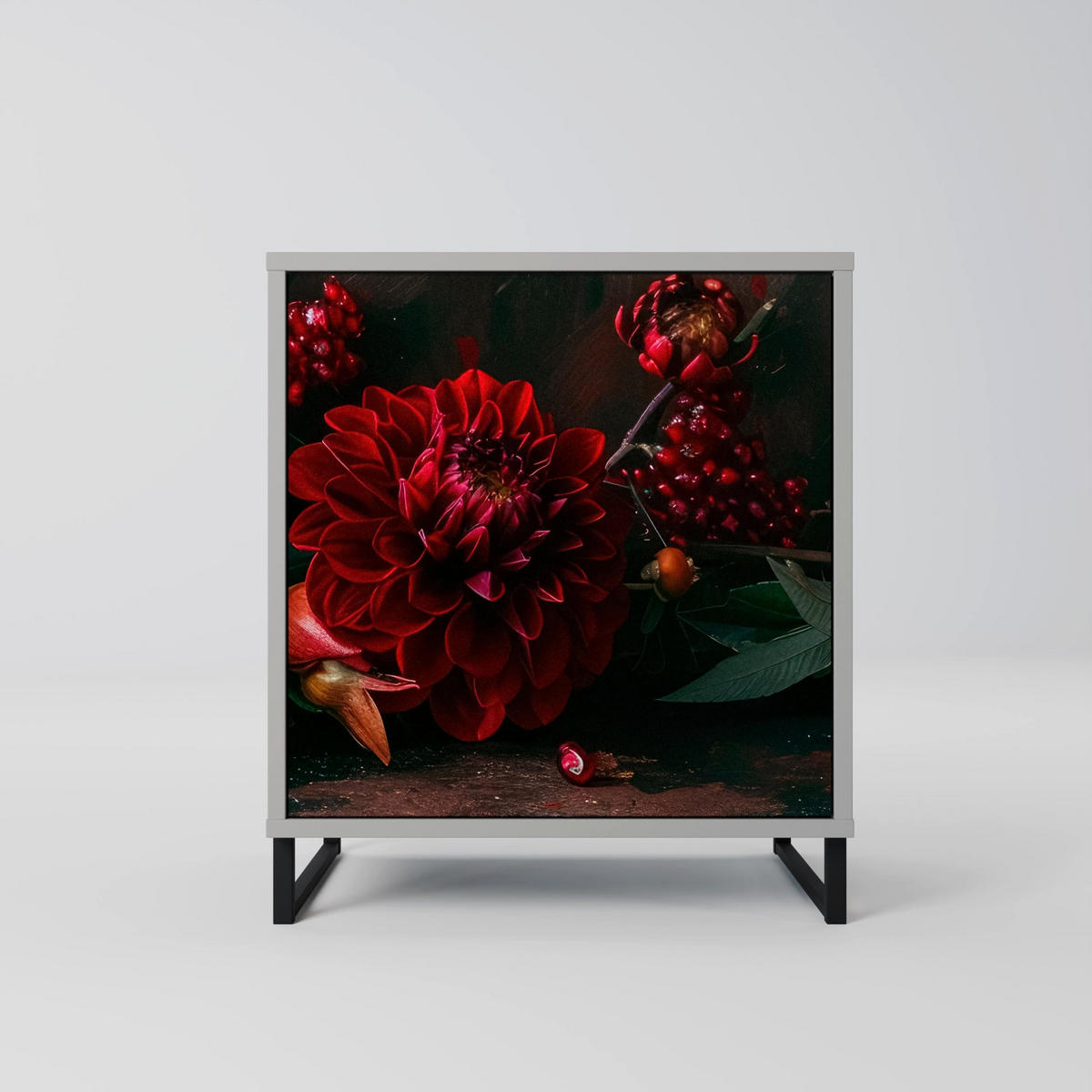 SIDEBOARD DAHLIAS AND POMEGRANATES, Grau, 57,5x42x77,5 cm, Schräge Buchenholzfüße - Buchefarben/Multicolor, Holzwerkstoff/Buchenholz (57.5/77.5/42cm) - SpaceRebels