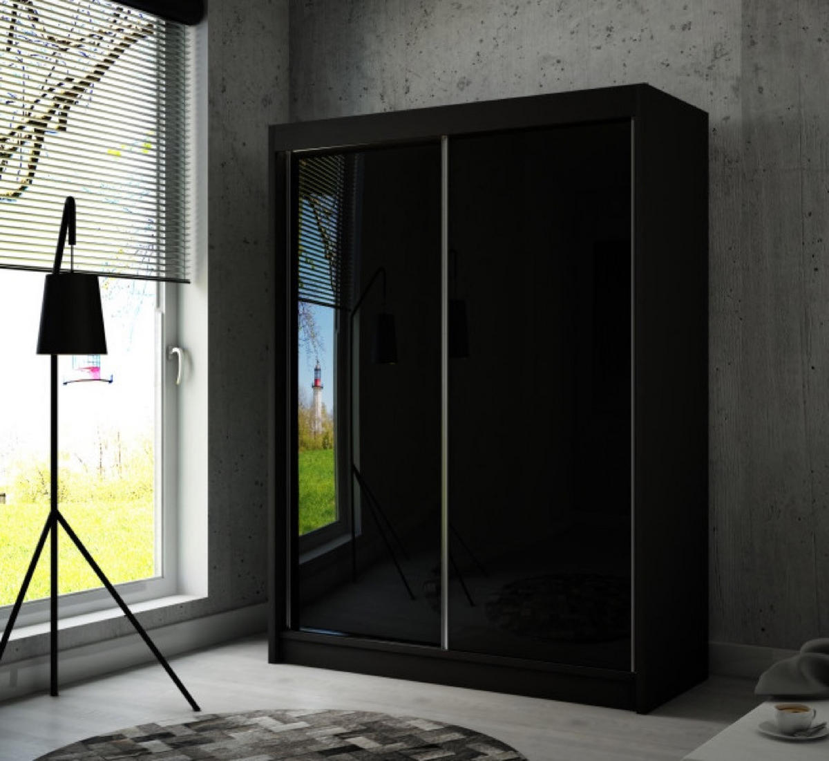 SCHRANK Schwarz PEAK Schiebetür 120 cm 120x61x215 cm - Transparent/Schwarz, Holzwerkstoff (120/215/61cm) - Sepro Meble