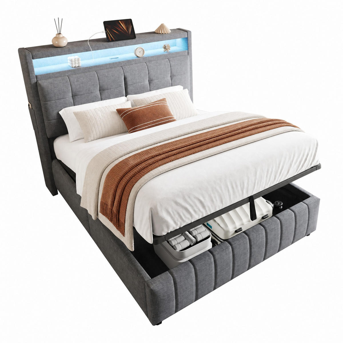 POLSTERBETT 140/200 mit LED, Bettkasten, USB und Ablagefächern in Grau - Grau, Holzwerkstoff/Textil (140/200cm) - EVRYAE