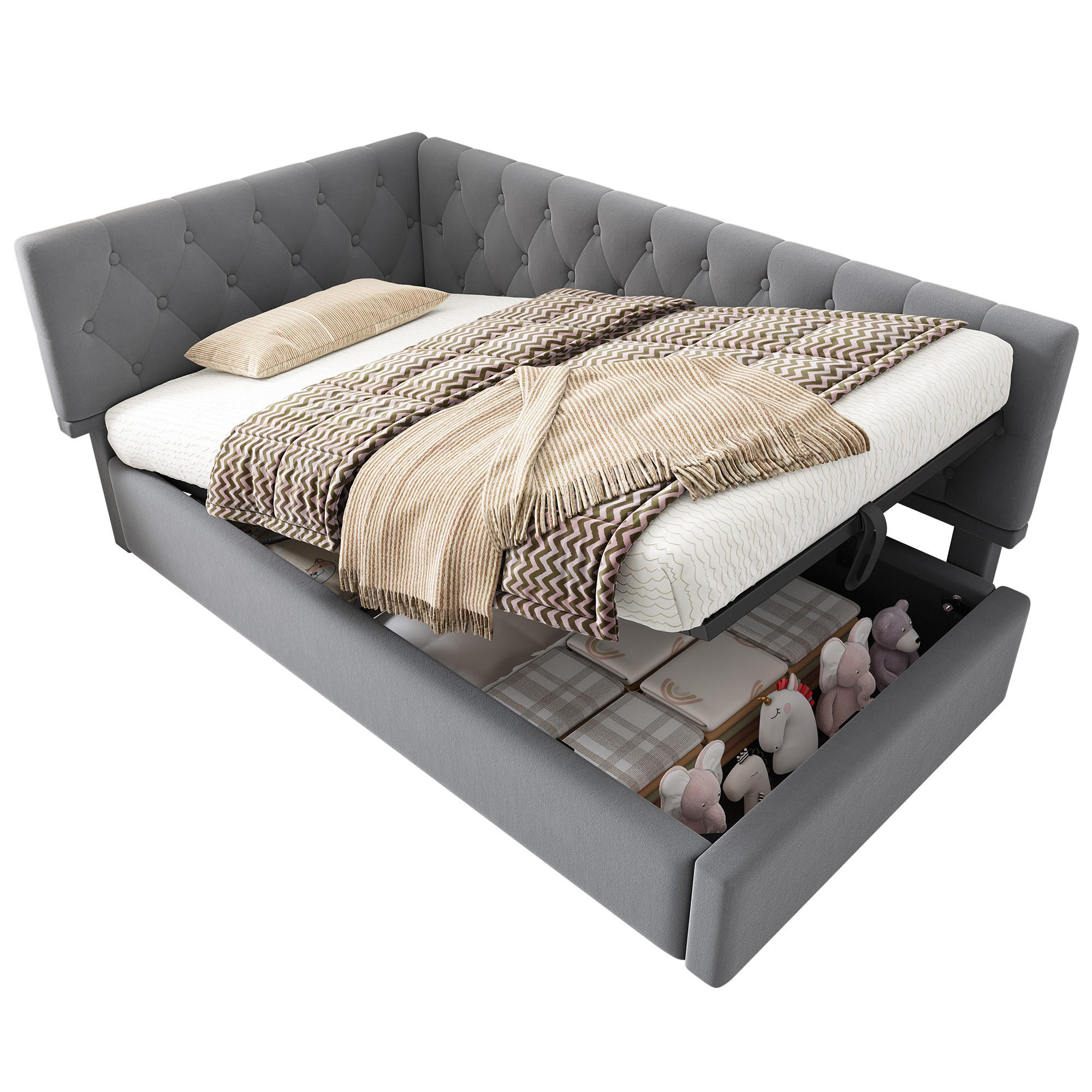 POLSTERBETT L-förmig mit Stauraum Samt Grau 90/200 cm - Grau, Textil (90/200cm) - OKWISH