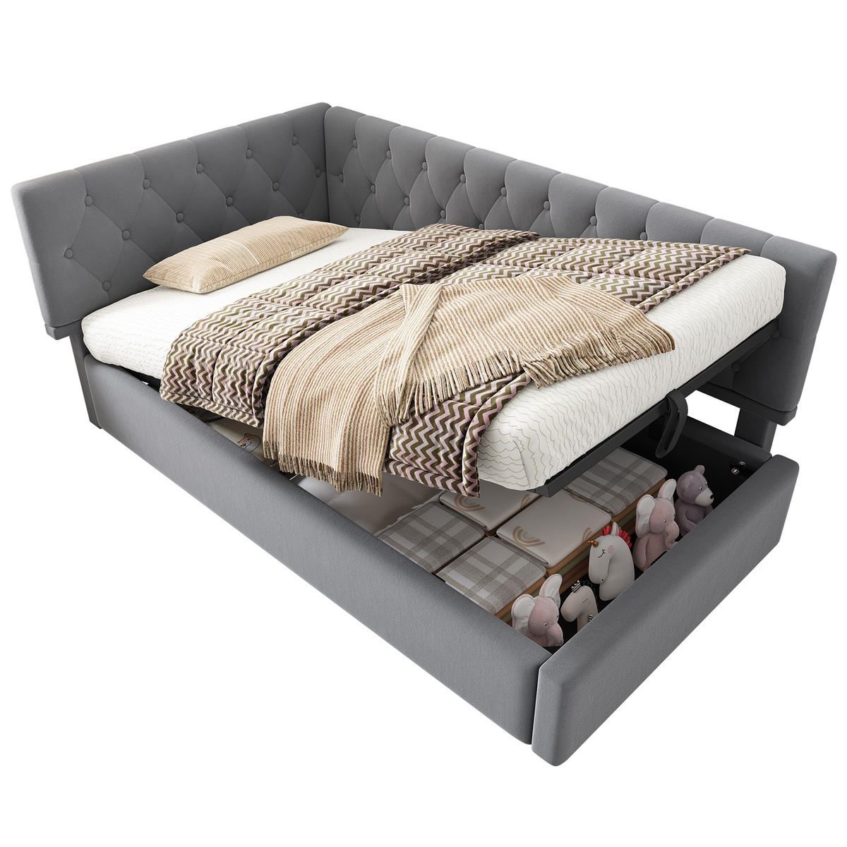 POLSTERBETT L-förmig mit Stauraum Samt Grau 90/200 cm - Grau, Textil (90/200cm) - OKWISH