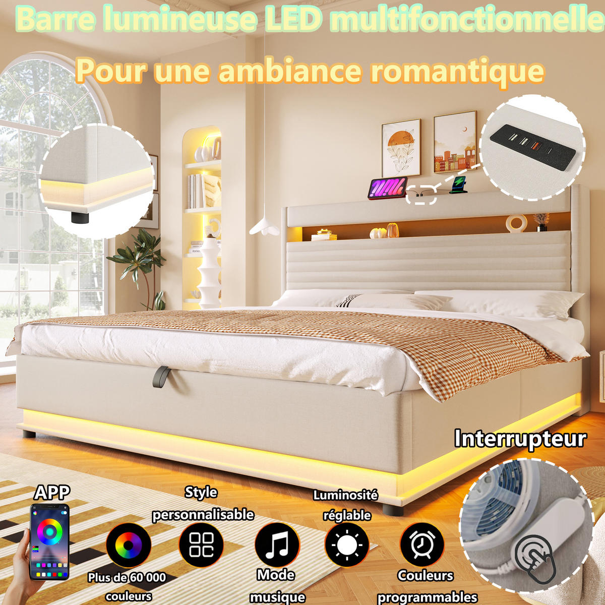 POLSTERBETT 180/200 cm Beige mit USB-Typ-C-Anschluss, LED-Beleuchtung und Ablagefach - Beige, Textil (180/200cm) - Oxeza
