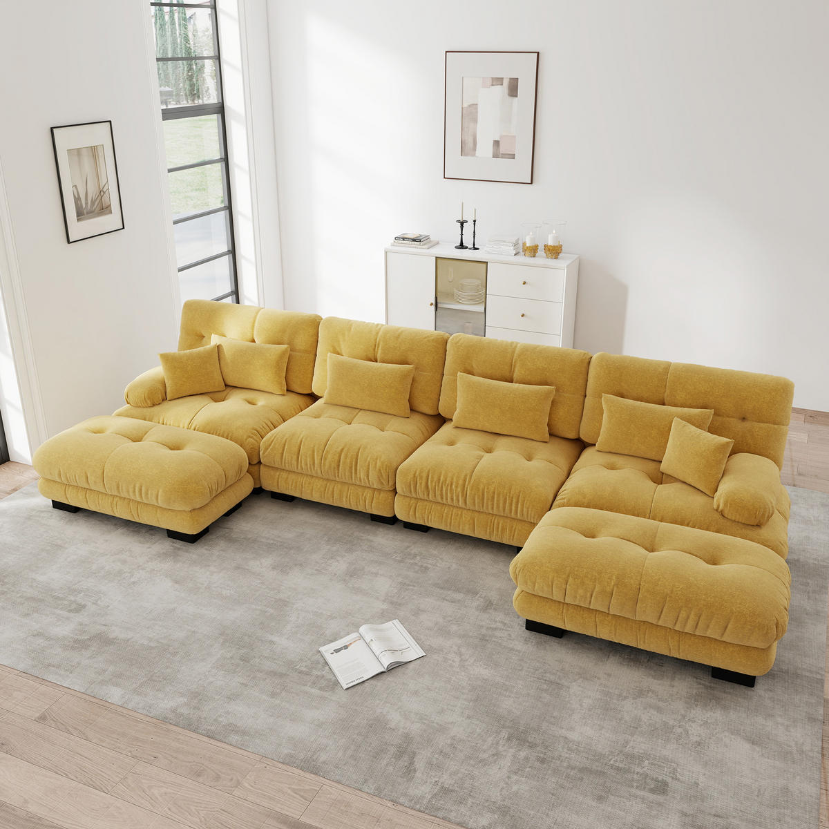 WOHNLANDSCHAFT Chenille Gelb mit Ottomane - Gelb, Textil (406/81/145cm) - WISHDOR