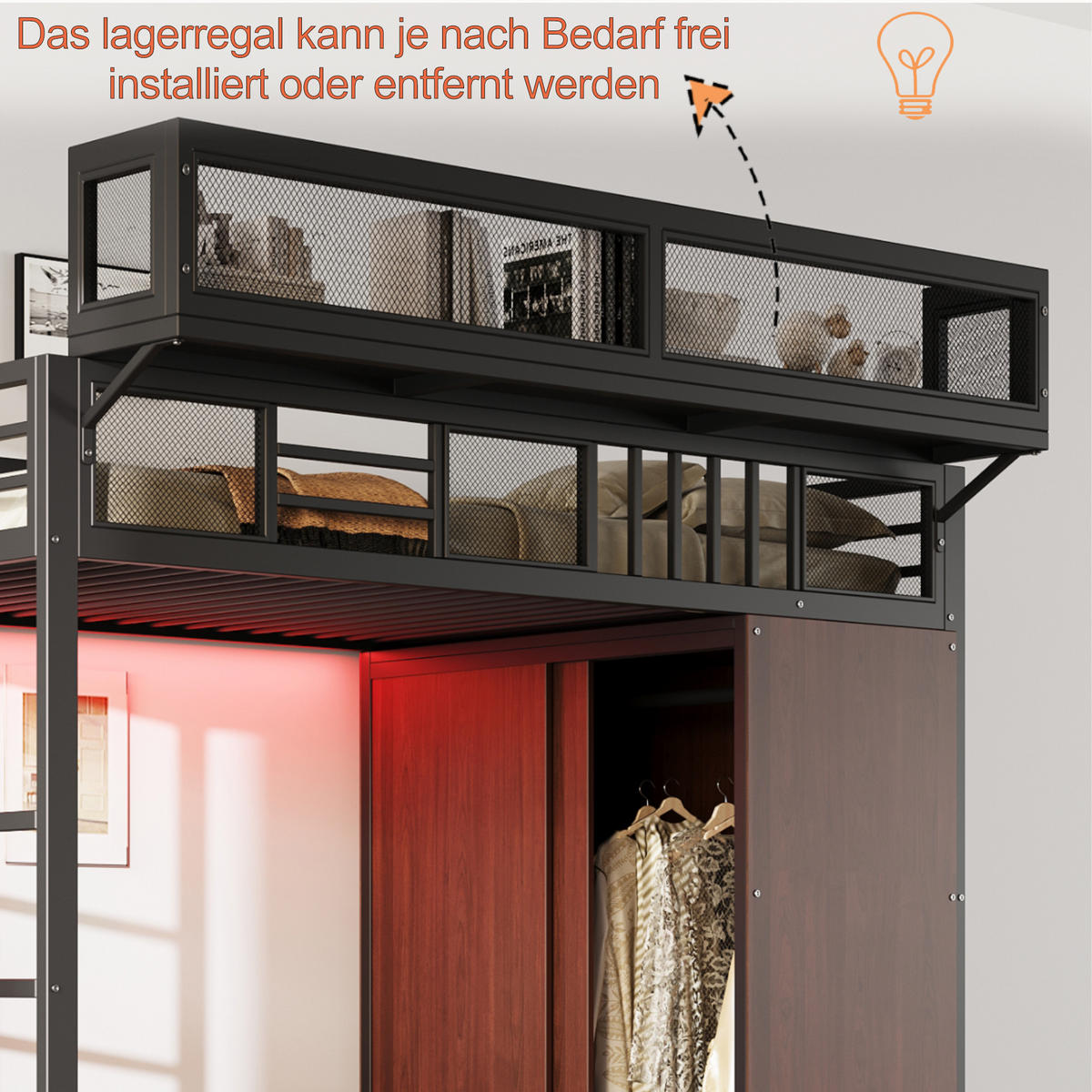 HOCHBETT 90/200 cm Schwarz mit Kleiderschrank mit LED-Beleuchtung aus Metall und Holz - Schwarz, Metall (90/200cm) - OKWISH